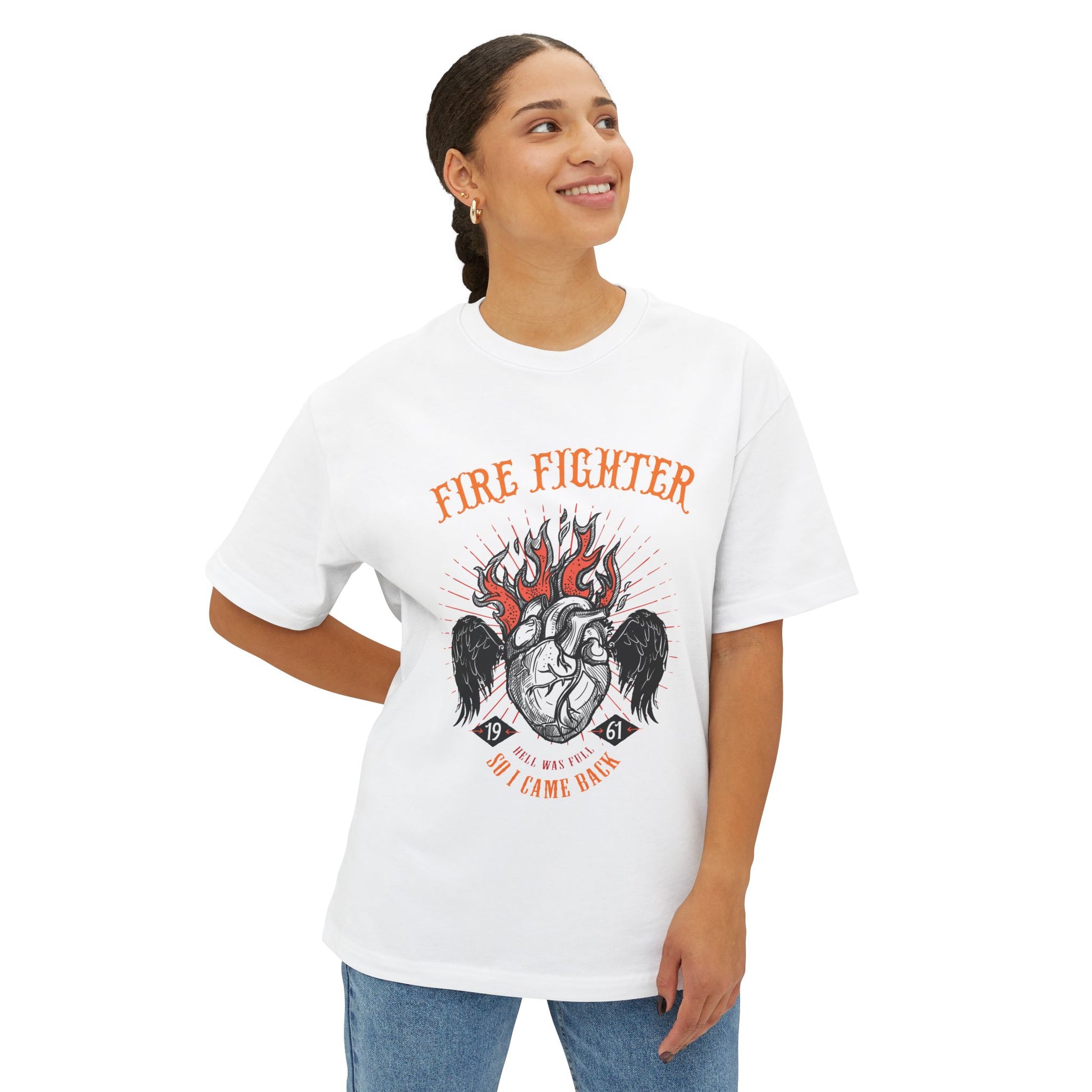 Firefighter Love Unisex Oversized Tee, Gift for Firefighters, Casual Wear, Brave Heart Shirt, Firefighter Appreciation Shirt