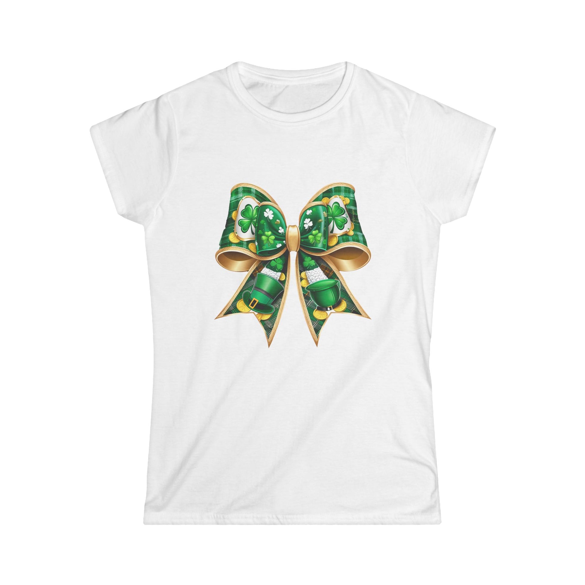 St. Patrick's Day Green Bow Tee, Women's Softstyle Tee, Holiday Shirt, Festive Apparel, Gift for Her, Irish Pride T-Shirt